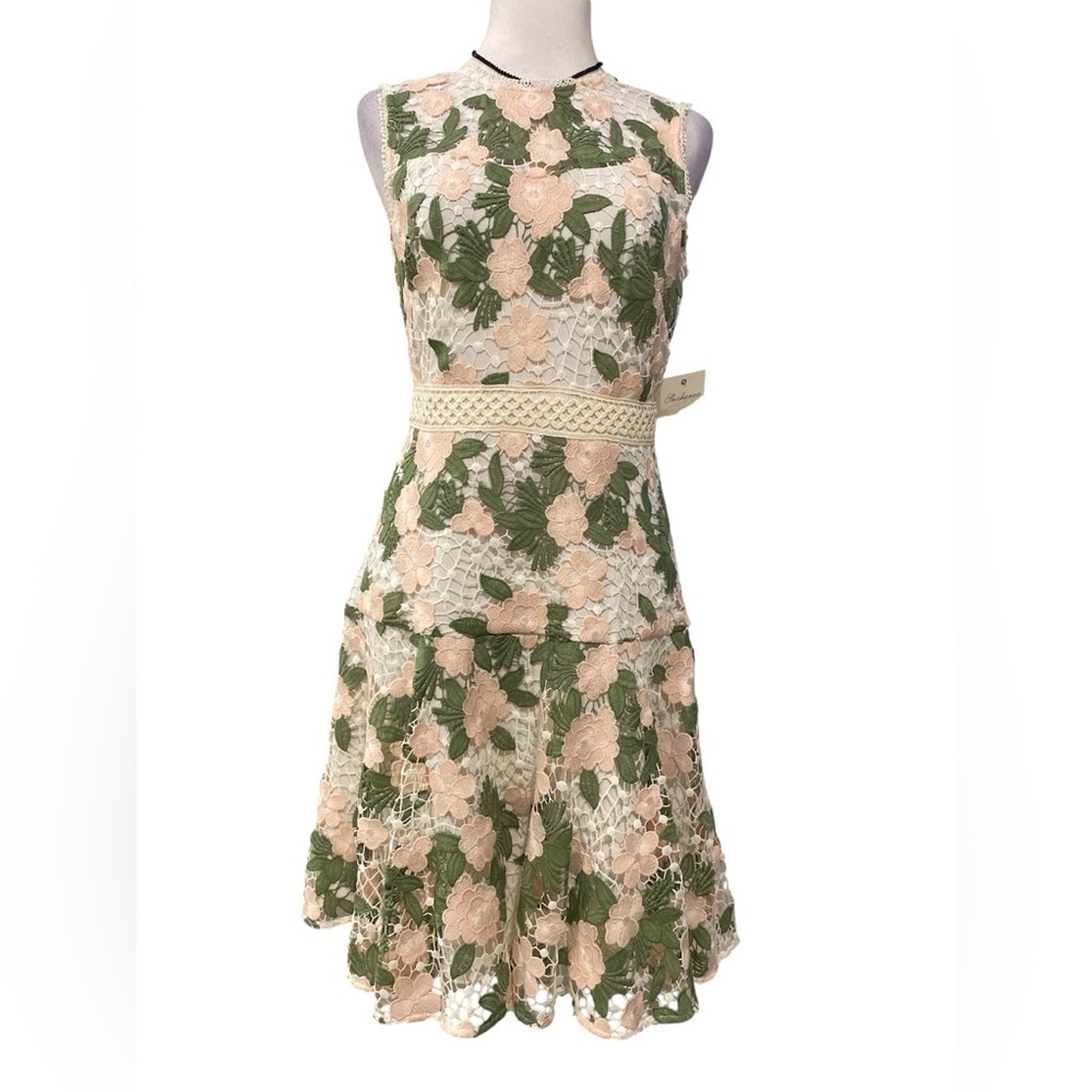 Shoshanna Green and Cream Floral Lace Midi Dress Women's Roseia Cocktail Size 4 - Picture 2 of 11